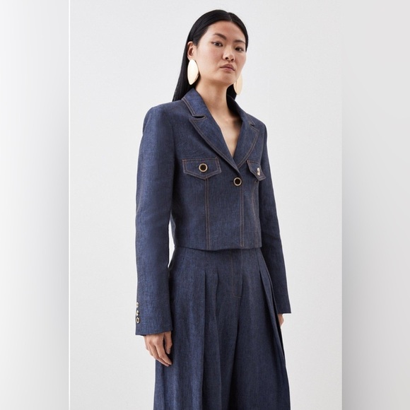Karen Millen Jackets & Blazers - Karen Millen Premium Tailored Linen Cropped Pocket Detail Blazer Dark Wash 6